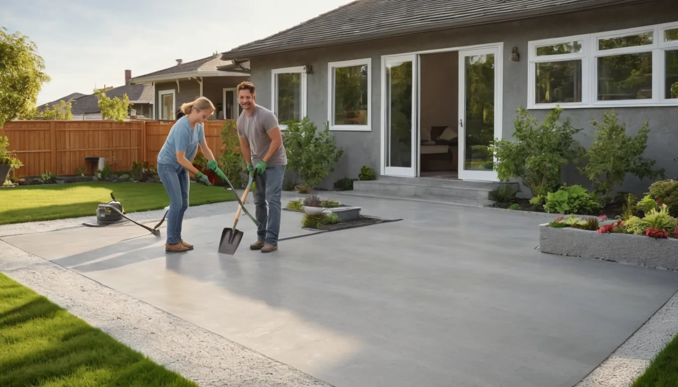 Newly poured broom-finish concrete patio behind a family home in Wixom