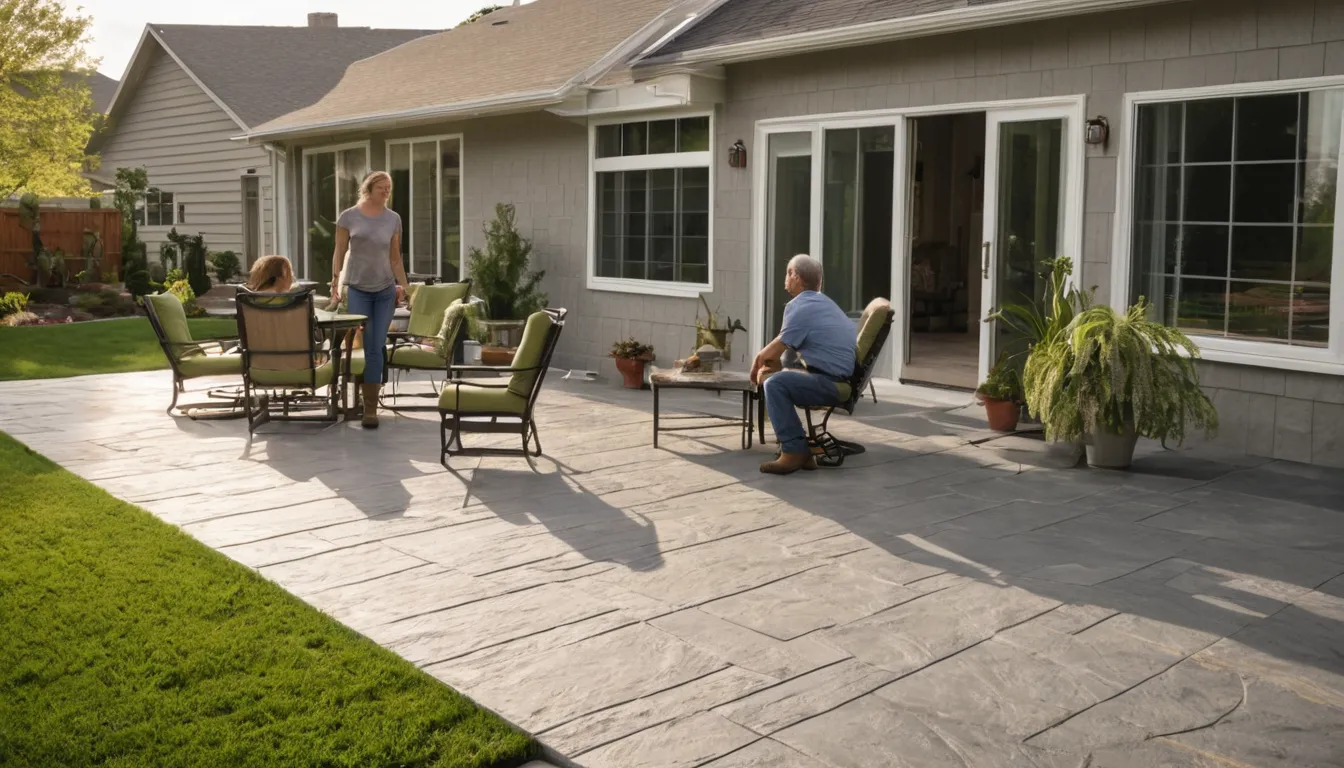 Stamped concrete patio with a slate pattern behind a family home in Wixom
